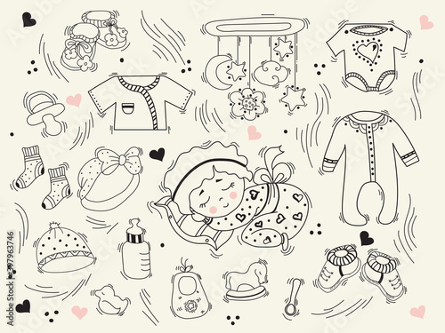 Cute sleeping baby in pajamas on a pillow, baby things, clothes, toys and shoes. Vector. Set of doodles. childrens collection. outline, Line, contour. Isolated elements