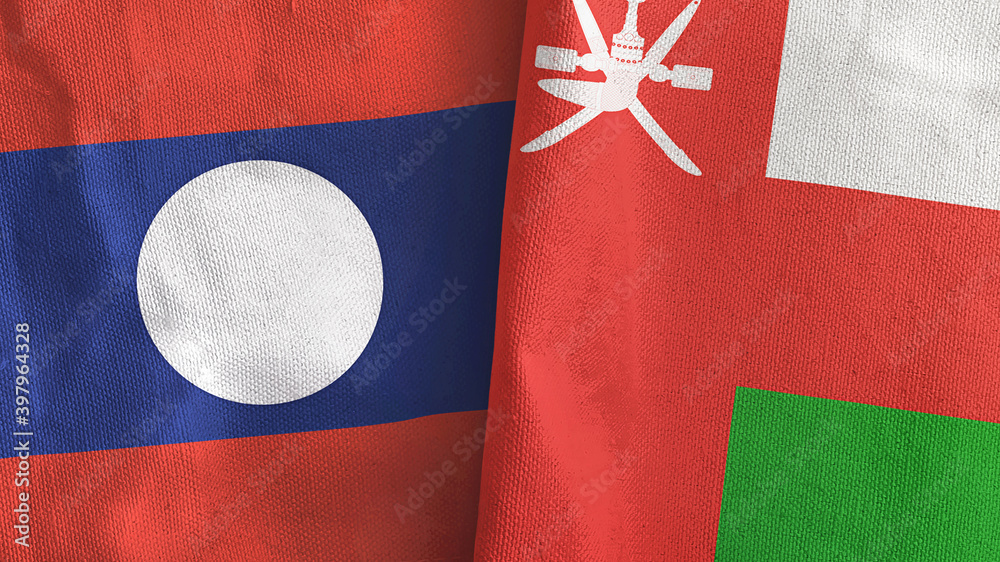 Oman and Laos two flags textile cloth 3D rendering