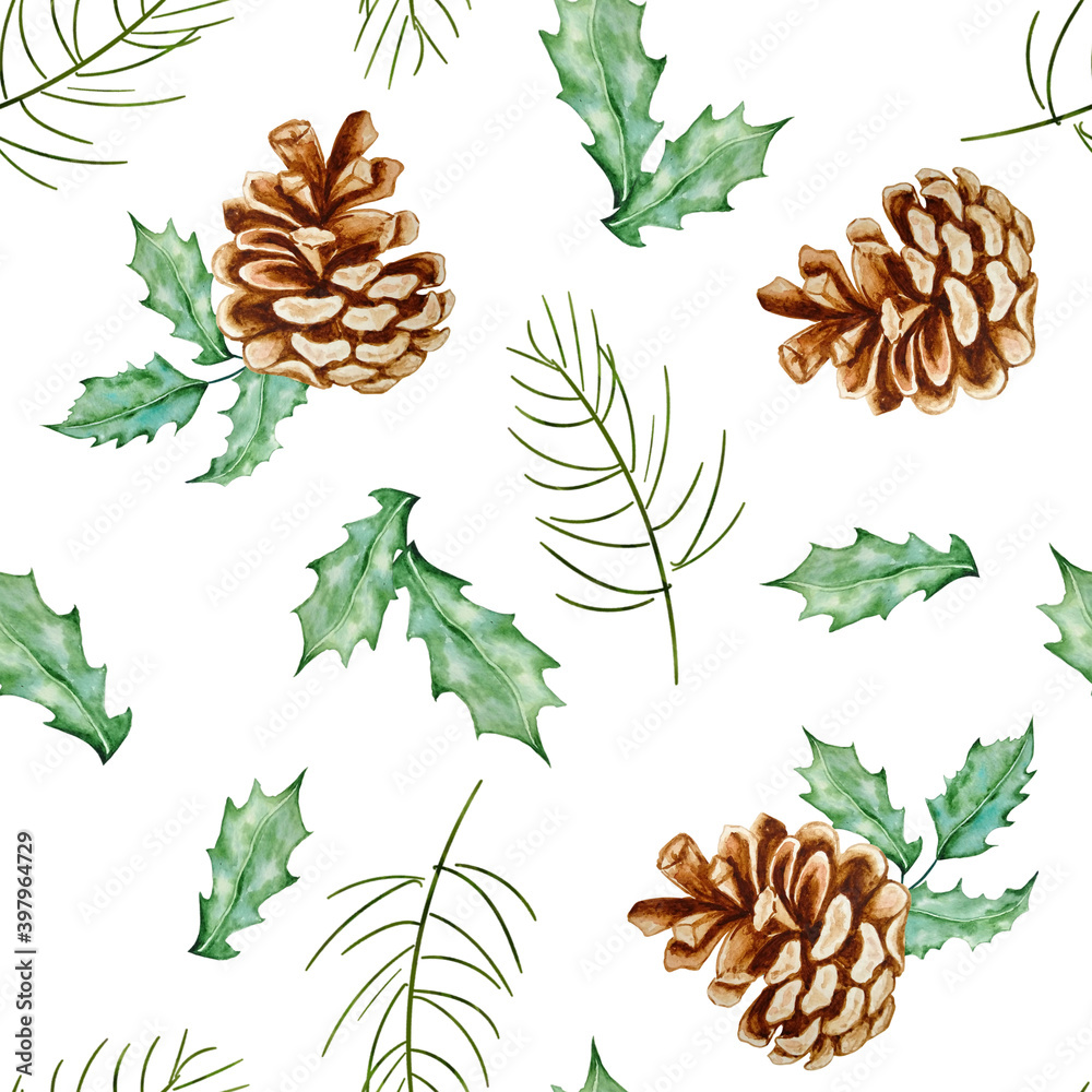 Watercolor pattern with pine branches, green holly berry leaves and pine cones Watercolor pattern with pine branches, green holly berry leaves and pine cones