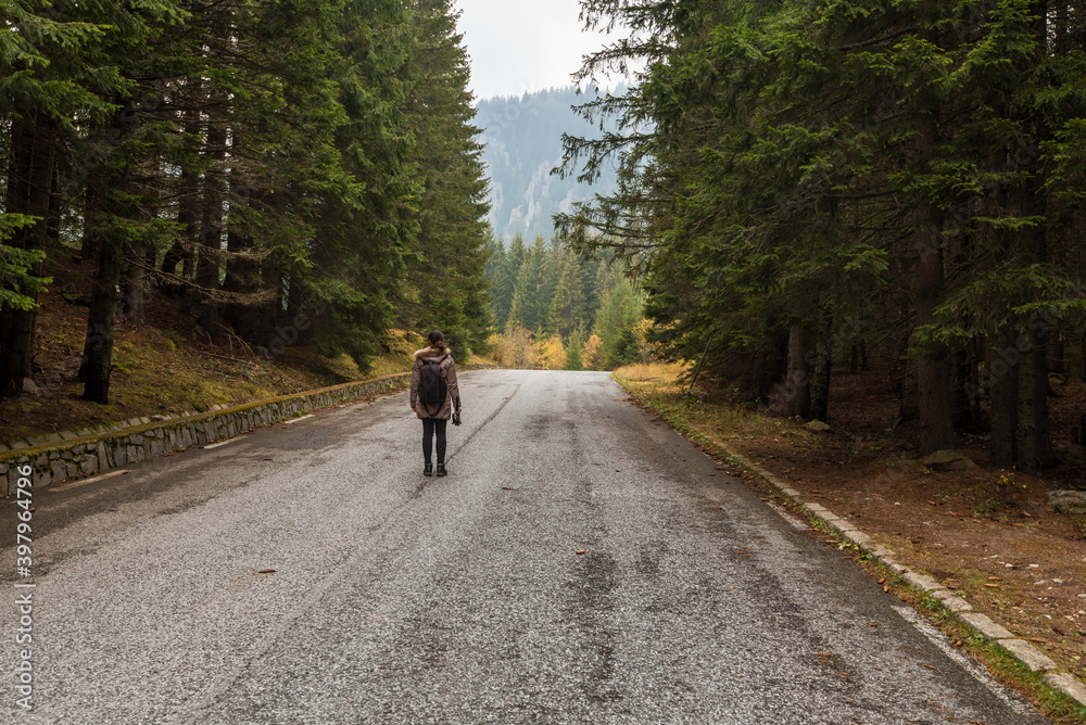 Traveler with backpack walking along the road to the mountains. Traveler with backpack walking along the road to the mountains.