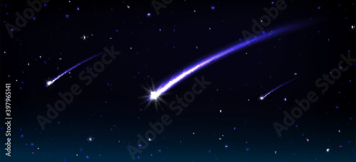 Falling comets, asteroids or meteors with blue flame trail in cosmos. Vector realistic illustration of black sky with stars, flying glowing meteorites from space and fireballs flash