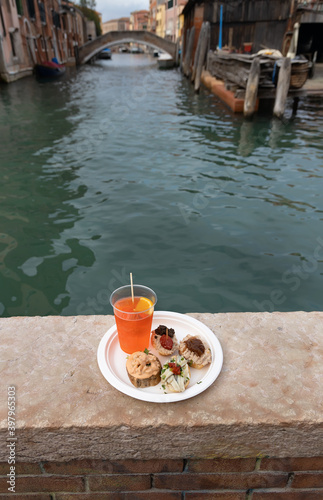 Cicchetti and Aperol Spritz traditional venetian food and drink