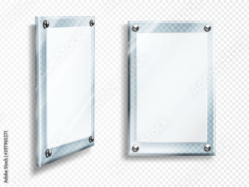 Acrylic poster, blank glass frame hang on wall isolated on transparent background. Empty photo frame template, rectangular name plate, plexiglass banner, holder mockup Realistic 3d vector illustration photo