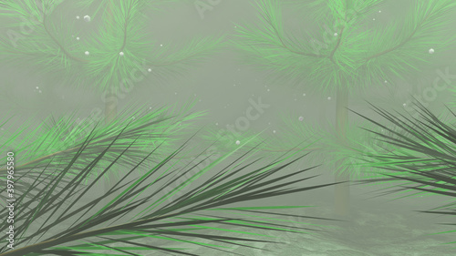 3D illustration graphic of the heavy foggy forest landscape, with trees and snowfall.
