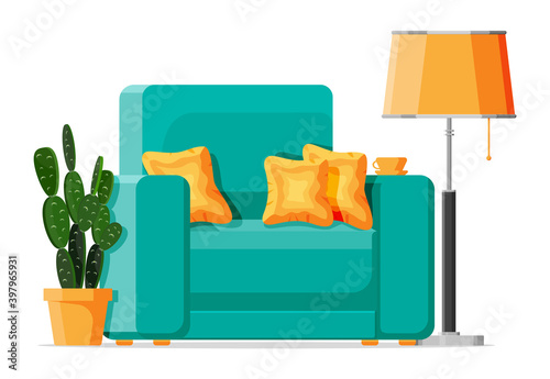 Green armchair with white pillow isolated on white. Living room chair furniture. Decorated modern interior element with plant, lamp. Interior item for relax and work. Cartoon flat vector illustration