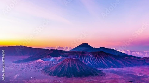 Time Lapse 4K Morning light of Bromo Volcano Mountain Landmark Bromo Tengger Semeru National Park in East Java, Indonesia 