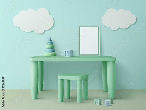 Kids table with poster mockup, chair, toy cubes, pyramid and cloud decoration on wall. Child playroom interior with wooden furniture and stuff for games and studying, Realistic 3d vector illustration