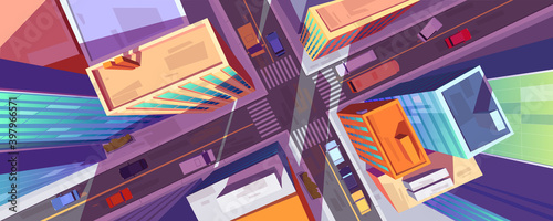 City street top view with buildings, crossroad and cars. Urban architecture and infrastructure with transport intersection and zebra, modern megapolis with skyscrapers, Cartoon vector illustration