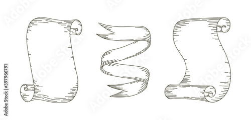 Parchment scrolls and sripes. Set of paper parchments and ribbon isolated in white background. Vector illustration in doodle style