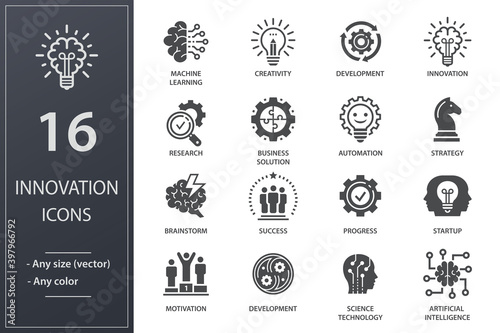 Innovation icon set. Collection of technology, success, startup, artificial intelligence and more. Vector illustration.