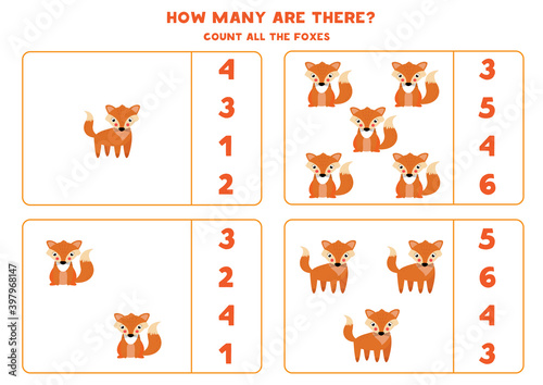 Counting game for kids. Count all cute foxes. Worksheet for children.