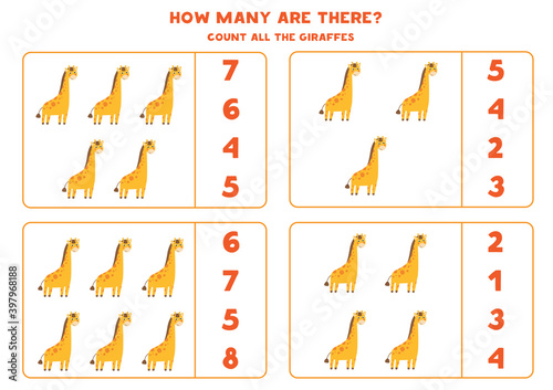 Count all giraffes and circle the right answer. Math game for preschool kids.