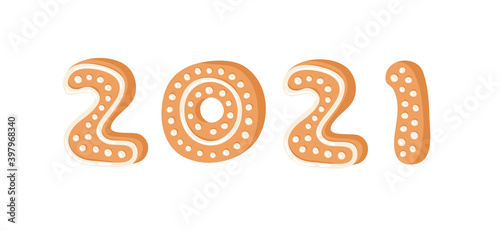 Happy New Year Greeting Card with numbers 2021. Cartoon vector illustration Ginger bread Cookies. Hand drawn Christmas font. Actual Creative Holidays bake alphabet