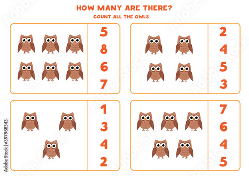 Counting game for kids. Count all cute owls. Worksheet for children.