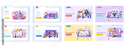 Online learning landing page template set of eight scenes with remote education concept. Different people men and women watching video tutorials on laptops or phones about sport, cooking and education