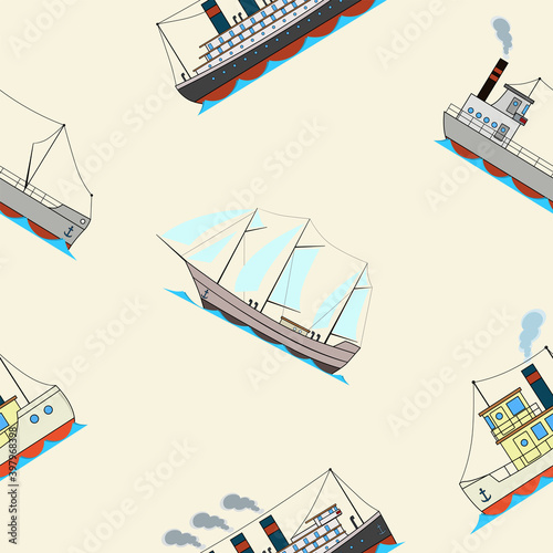 Seamless pattern with vintage ships in cartoon style on beige background.