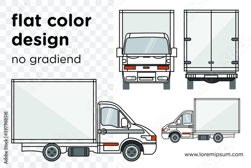 Vector small truck front view back view and side view. Cargo delivery. Solid and Flat color design. Truck car for transportation. Corporate identity. Transparent background