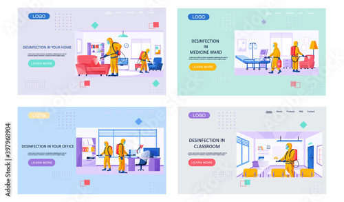 Disinfection in your home landing page template with a description of the sanitary service. Man in a yellow protective suit disinfects the living room or office with a spray gun. Virus pandemic