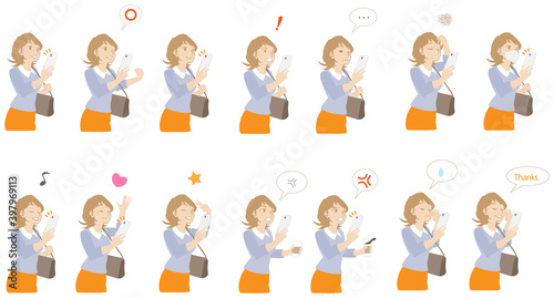 スマートフォンを持ったいろんな表情の女性のセット