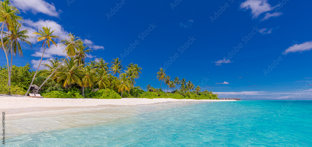 Tropical beach panorama view, summer landscape, palm trees and white sand, horizon of calm sea for beach banner. Relax nature of beach scene, vacation and summer holiday concept. Luxury summer travel
