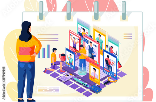 Recruiter woman is looking for employees. Client employee job agency character hire group contract social employer, depiction of candidates and salaries. Guy student chooses a profession with laptop