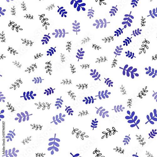 Dark BLUE vector seamless doodle template with leaves, branches.