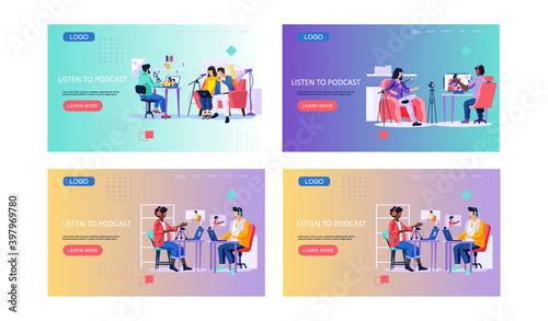 Students learning through podcasts and webinars four scenes set. Education and internet technology web page template with teacher speaking into the microphone, people communicate at a distance