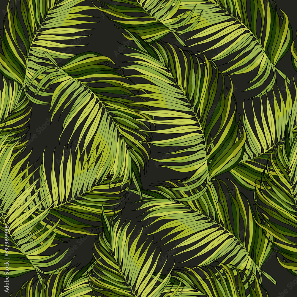 Floral seamless pattern, green palm leaves on a black background.