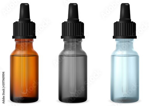 Clear dropper bottle. Cosmetic essential oil drop glass bottles. Serum glass flask mockup with pipette. Medicine collagen vial isolated on white background. Perfume essence product bottles set