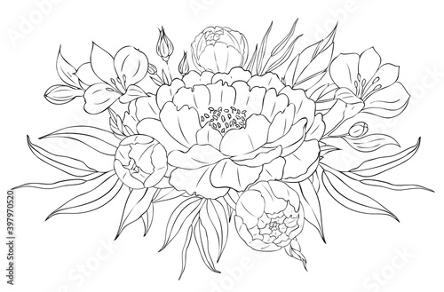 Peony flowers and leaves, tattoo compositions. Black linear illustration isolated on a white background.