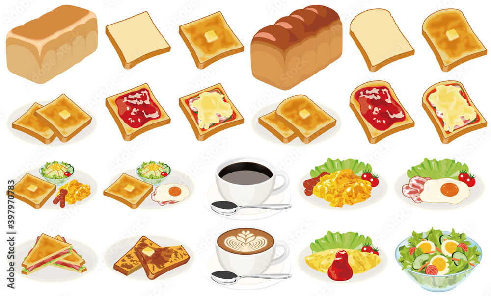 朝食の食パンイラスト バタートースト ジャムトースト ピザトースト Stock Illustration Adobe Stock