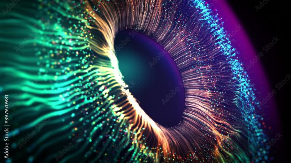 Multicolor Bright Explosion Vivid Particles. Animated Future Colourful Gradients Macro Shot. Modern VFX Design Abstraction Form. Colored Opening Eye. Firework Display Footage. New Digital AI Wallpaper