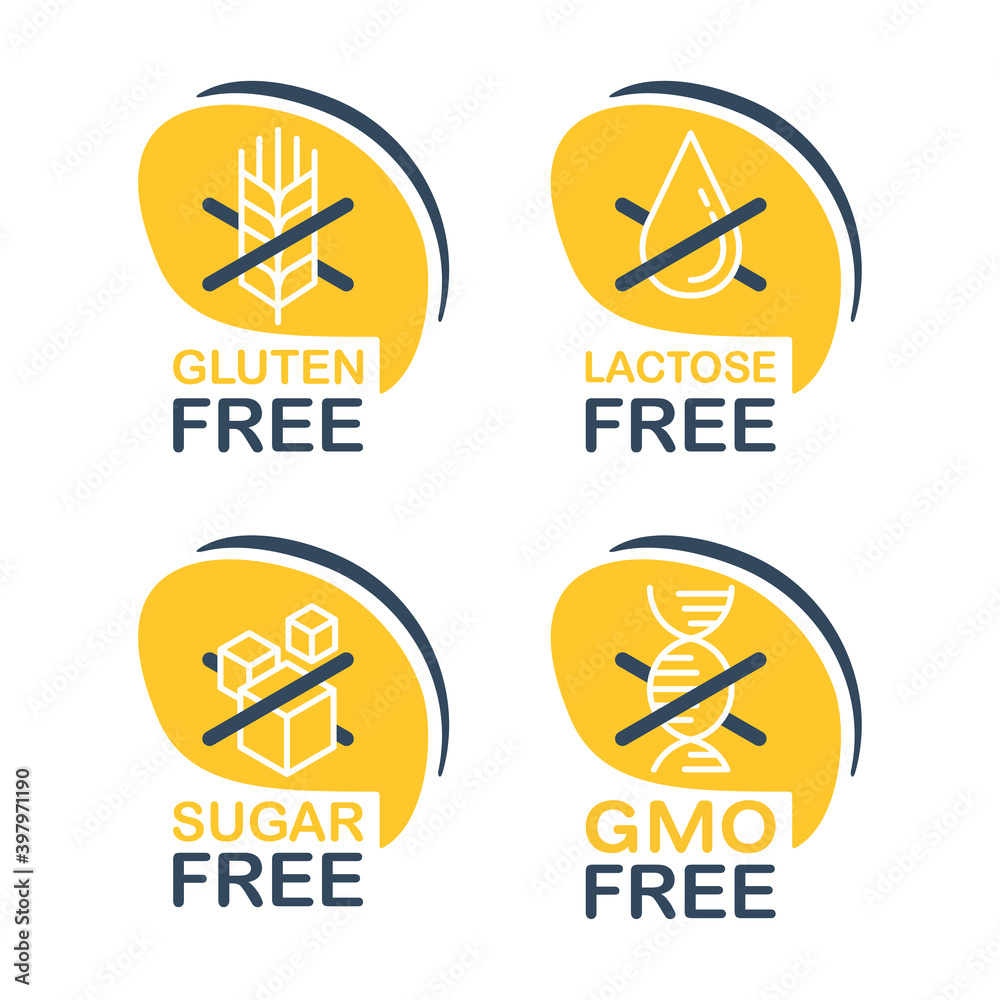 Lactose, Gluten, GMO, Sugar free pictograms Lactose, Gluten, GMO, Sugar free pictograms