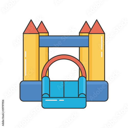 Bouncy inflatable castle. Tower and equipment for child playground. Vector color line illustration