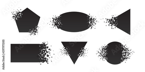 Shape shattered and explodes flat style design vector illustration set isolated on white background. Square rhombus, triangle, rectangle, pentagon, ellipse shapes in grayscale gradient explosion.