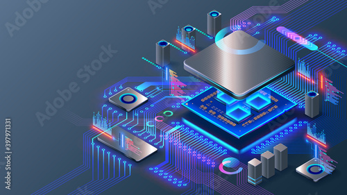 CPU. Abstract digital chip computer processor and electronic components on motherboard or circuit board. Technology develop electronic devices on microchip or microprocessor, hardware engineering. AI. photo