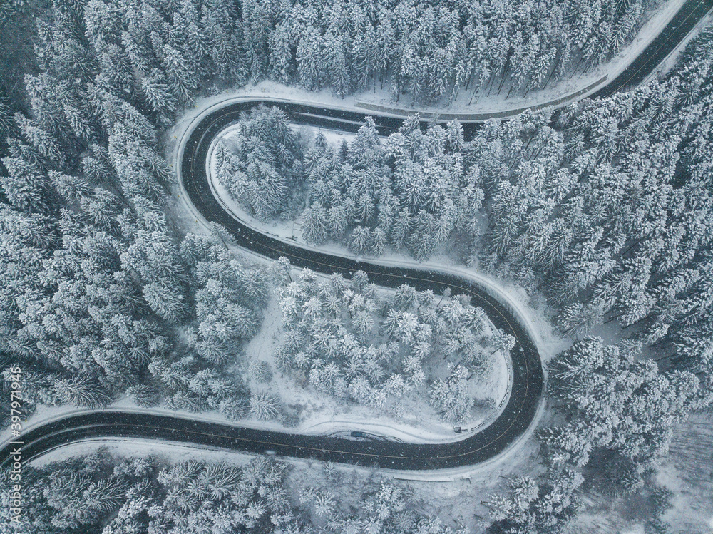 Beautiful winter road seen from above. Aerial photography. Location: Transylvania,Romania
