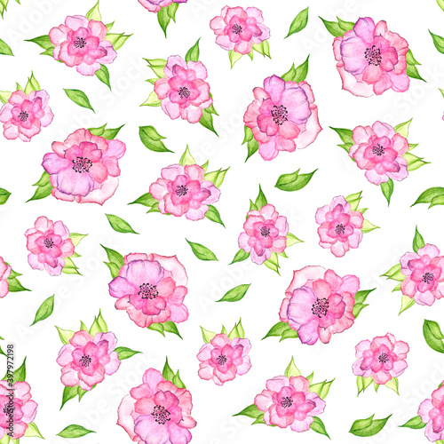 Watercolor floral pattern. Seamless pattern with pink flowers and green leaves on a white background. For packaging design  printing on fabric  scrapbooking  invitations.
