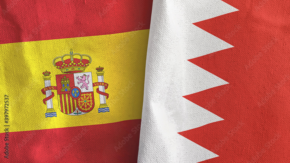 Bahrain and Spain two flags textile cloth 3D rendering