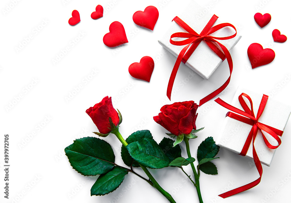 Valentine gift box and red roses bouquet Valentine gift box and red roses bouquet