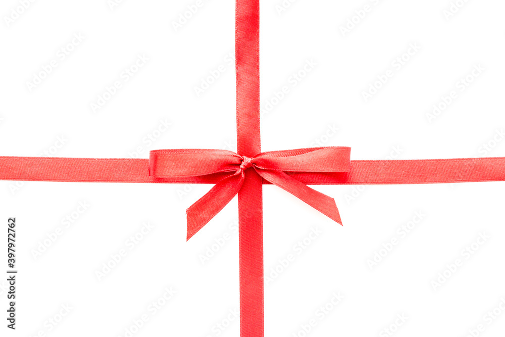 Red ribbon bow on white background, top view, copy space Red ribbon bow on white background, top view, copy space