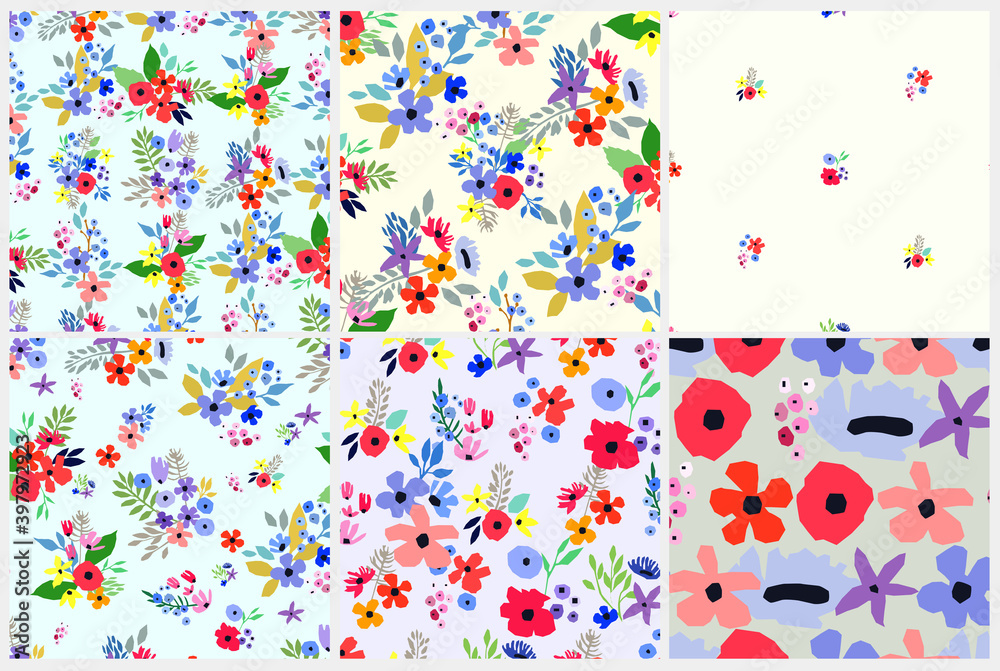 Obraz premium Seamless pattern set. Vector floral design with wildflowers. Romantic background collection