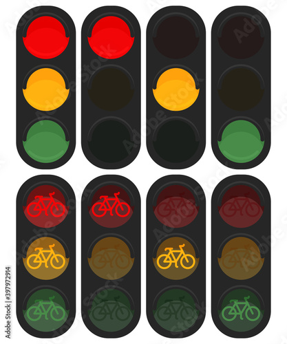traffic light sign for cyclists with glowing red, yellow and green lights. Vector illustration