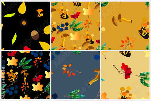 Autumn vector seamless pattern set with berries, acorns, pine cone, mushrooms, branches and leaves.