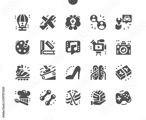 Interests of people. Intellectual hobbies. Sport, drawing, reading, dancing and shopping. Communication. Vector Solid Icons. Simple Pictogram