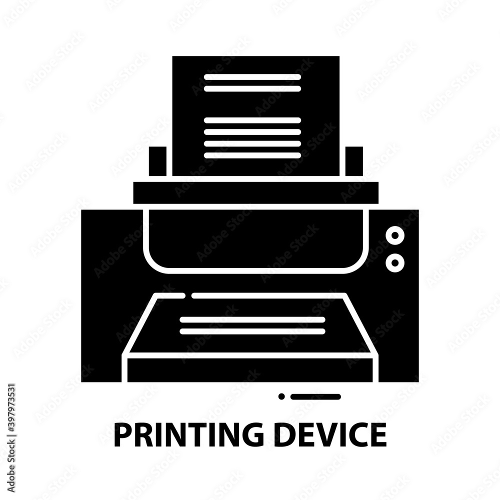 printing device icon, black vector sign with editable strokes, concept illustration printing device icon, black vector sign with editable strokes, concept illustration