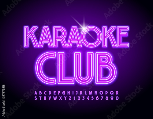 Vector entertainment banner Karaoke Club. Modern glowing Font. Violet neon Alphabet Letters and Numbers set