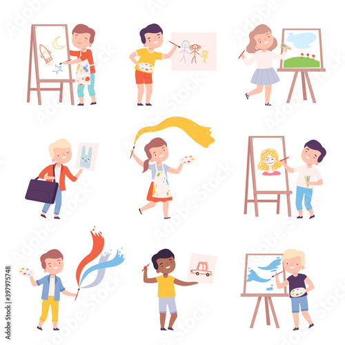Boys and Girls Painting on Canvas Set, Kids Artists Drawing on Easel, Paper and Wall with Paints and Pencils Cartoon Style Vector Illustration