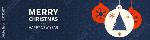 Christmas ball with a pattern of fir and snowflakes inside. Congratulatory text. Horizontal Christmas banner, headers, sites. Flat modern design. Vector illustration