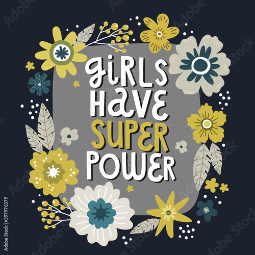 flowers bouquet, lettering girls power, vector hand drawing greeting card template